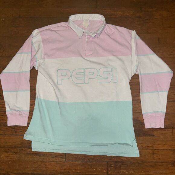 VTG 80s Single Stitch Pepsi Spelled Out Color Block letters Polo Rugby Shirt L - Picture 1 of 8